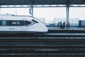 Shinkansen bullet train in Japan during cherry blossom season