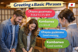 Basic Japanese greetings for beginners and tourists including konnichiwa and ohayou gozaimasu