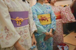 Tourists wearing kimono in traditional Japanese street